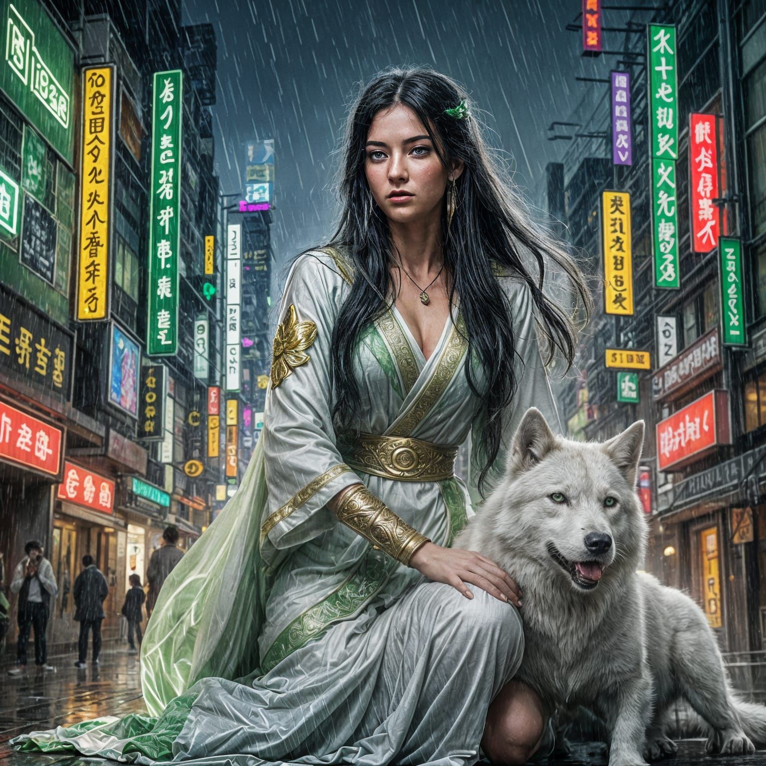 An ancient warrior princess kneeling in the rain on a futuri...