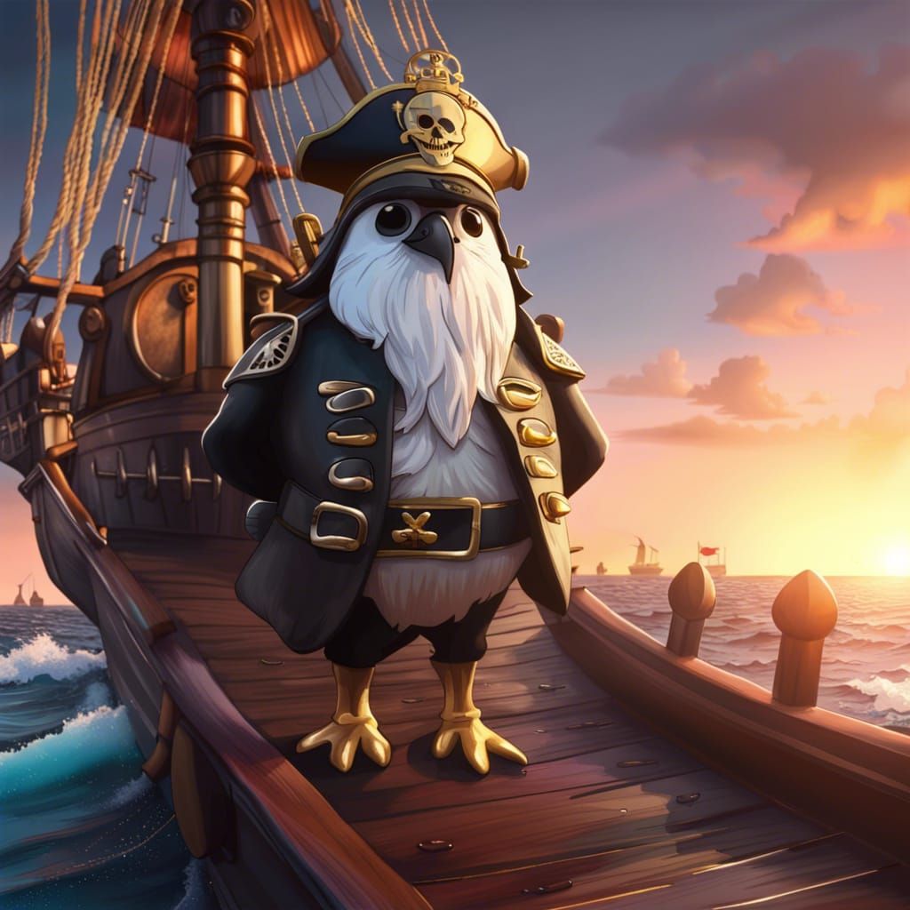 Penguin Pirate on a Giant Ship at Sunset