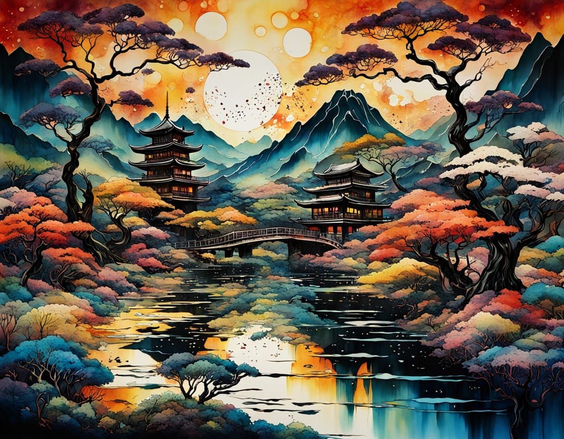 Futuristic Japanese Landscape in Batik Style
