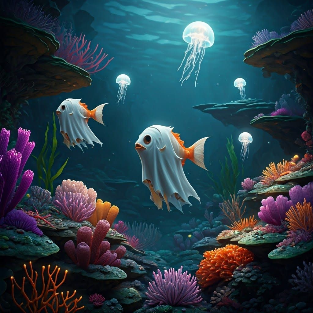 Vibrant Fish in Ghost Costumes in Fantasy Reef