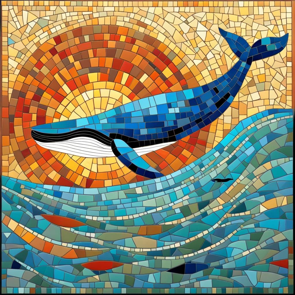 Whale in Ocean Mosaic Style Abstract Art