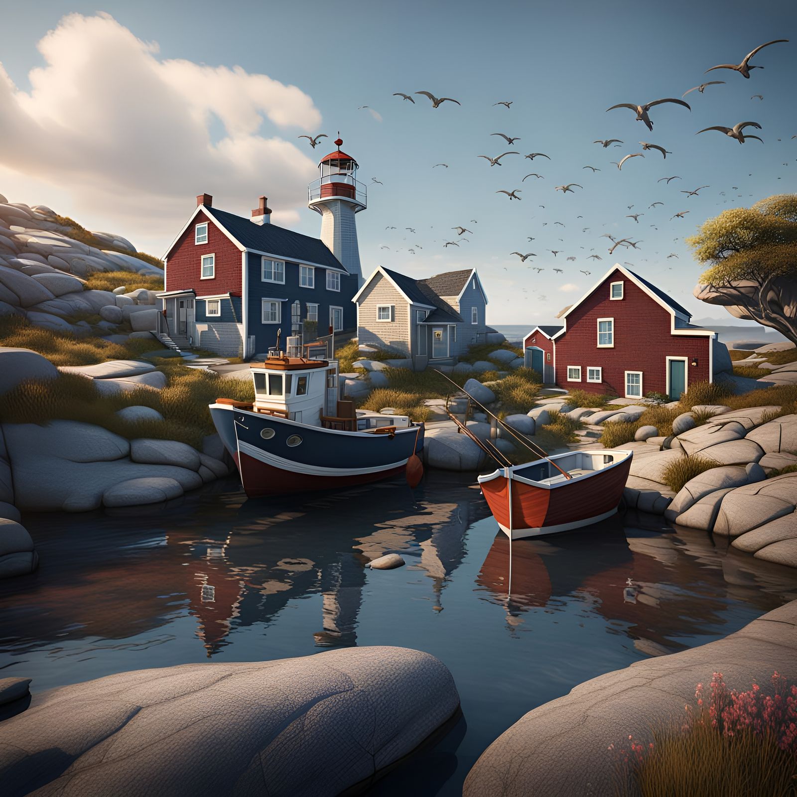 Modern Peggy's Cove: Detailed Fantasy Concept Art