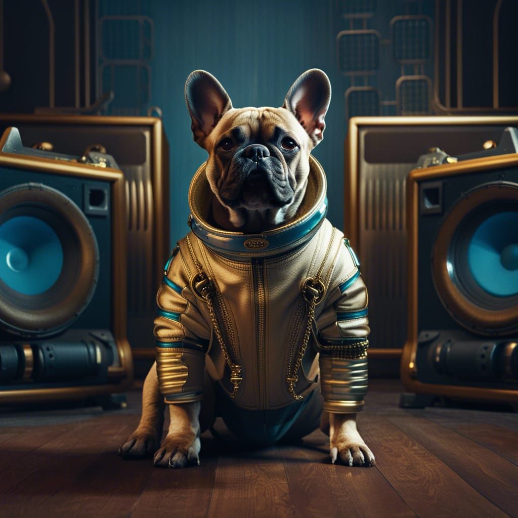French Bulldog in Spacesuit Before Speaker Wall