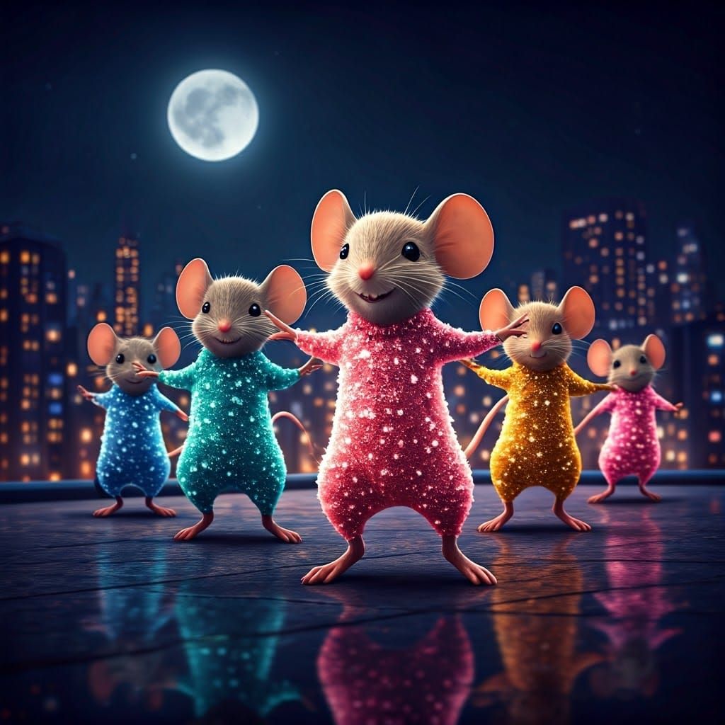 Mice Dancing on Rooftop in Dreamlike Style
