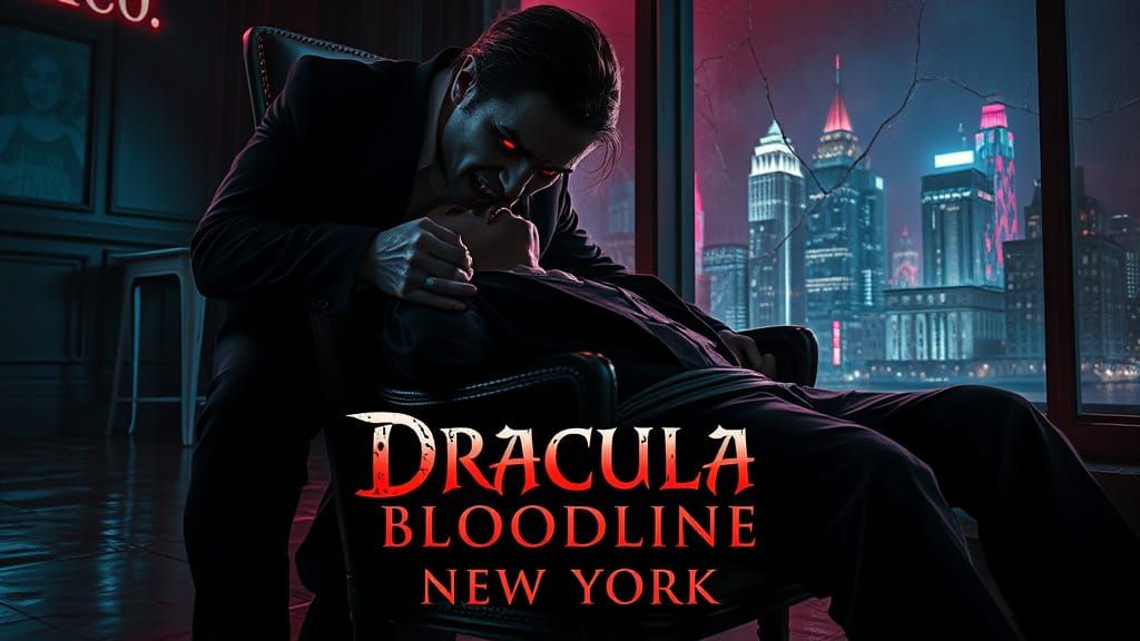 Vampire Horror Thriller with Neon Cityscape
