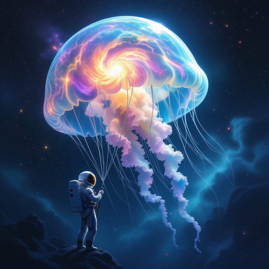 Astronaut and Crystal Jellyfish in Cosmic Ocean