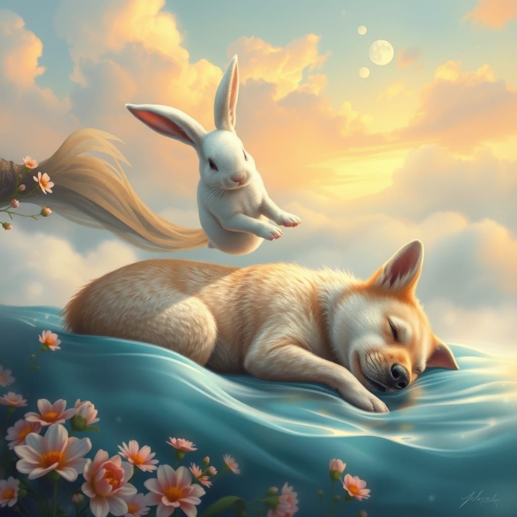Whimsical White Rabbit Leaps Over Sleeping Dog in Dreamy Wat...
