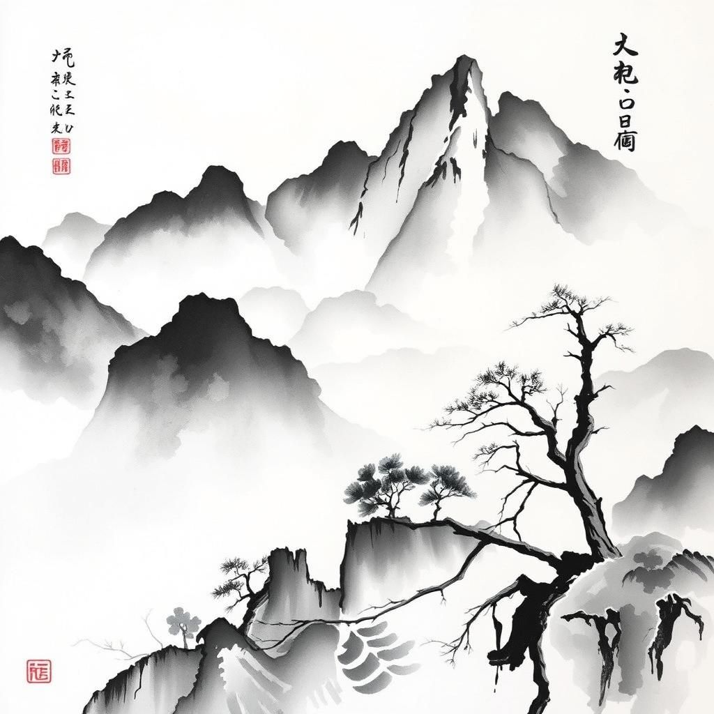 Misty Ink Wash Mountain Landscape Art