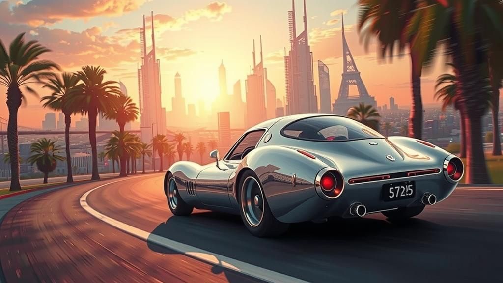 Retro Car Approaching Sci-Fi City in Miyazaki Style