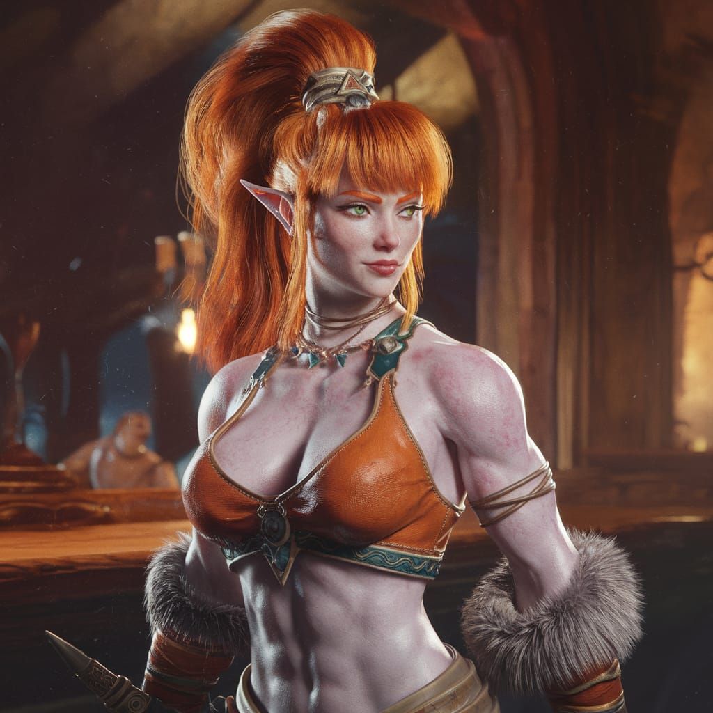 Ethereal Warrior Goddess in Futuristic Tavern