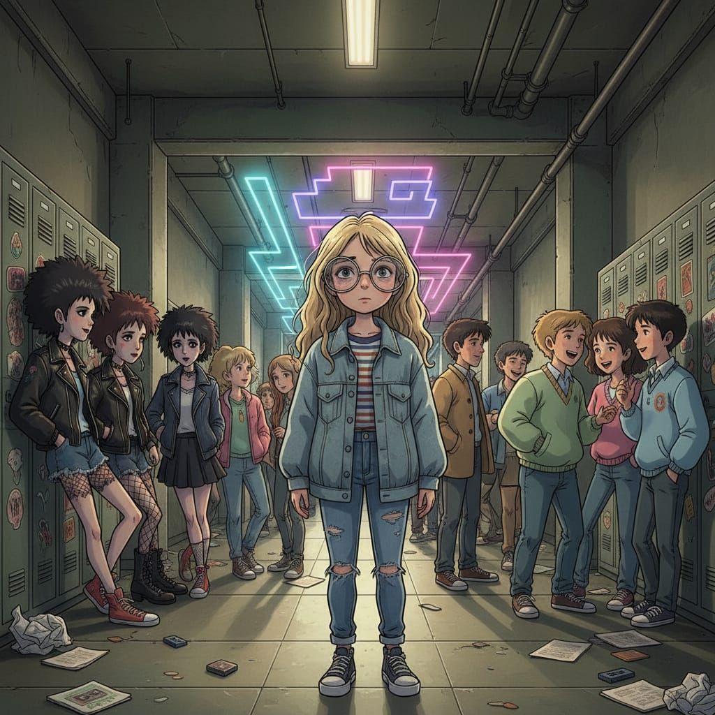 Teenage Girl Feels Alone in Crowded 80s Hallway