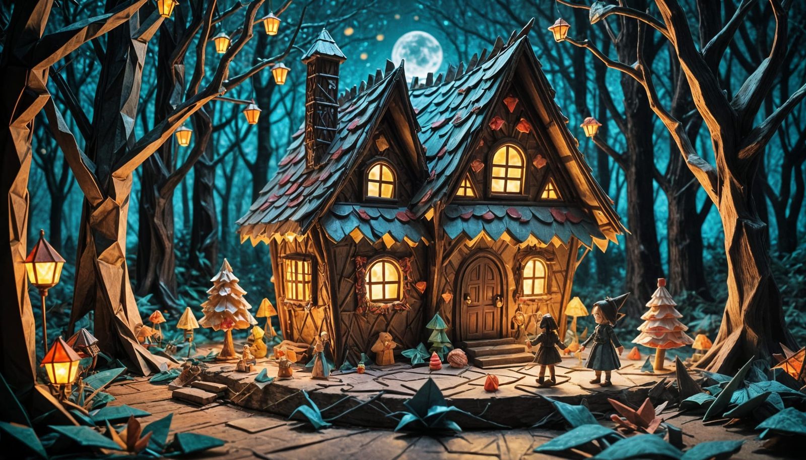 Hansel and Gretel Discover Candy House in Origami Style
