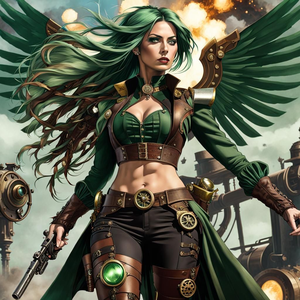 Steampunk Warrior Avenger with Wings and Pistol