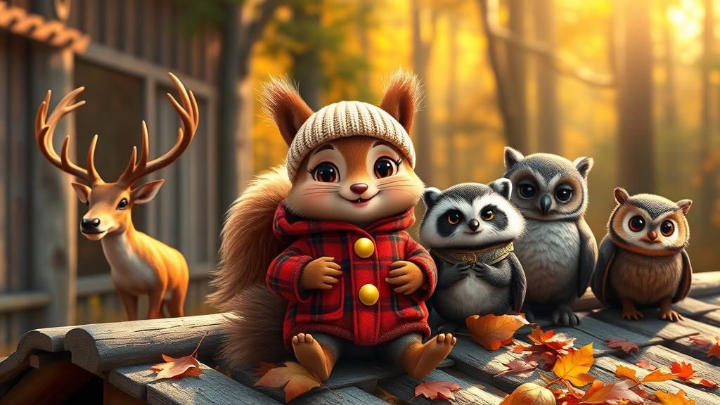 Chibi Squirrel and Woodland Friends in Autumn Light