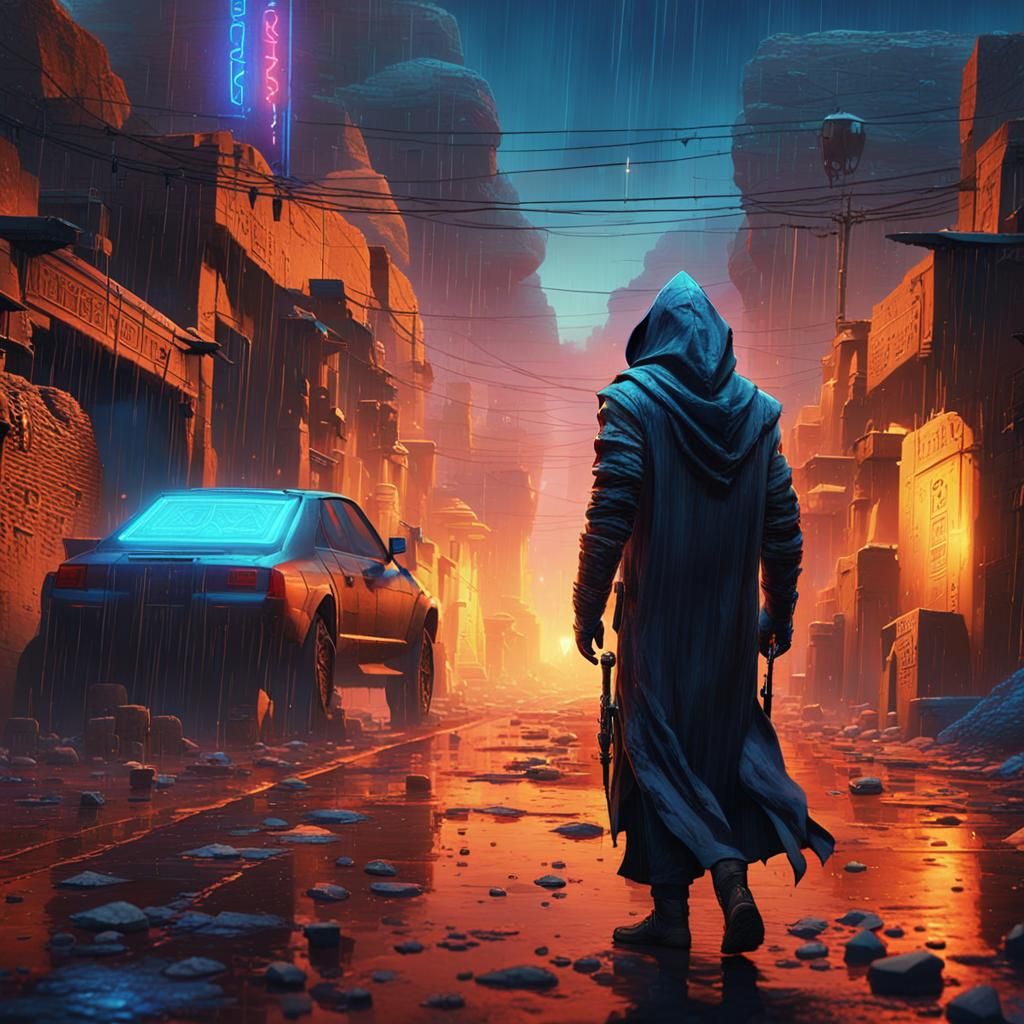 Cyberpunk in Ancient Egypt: Neon-Lit Dystopian Scene