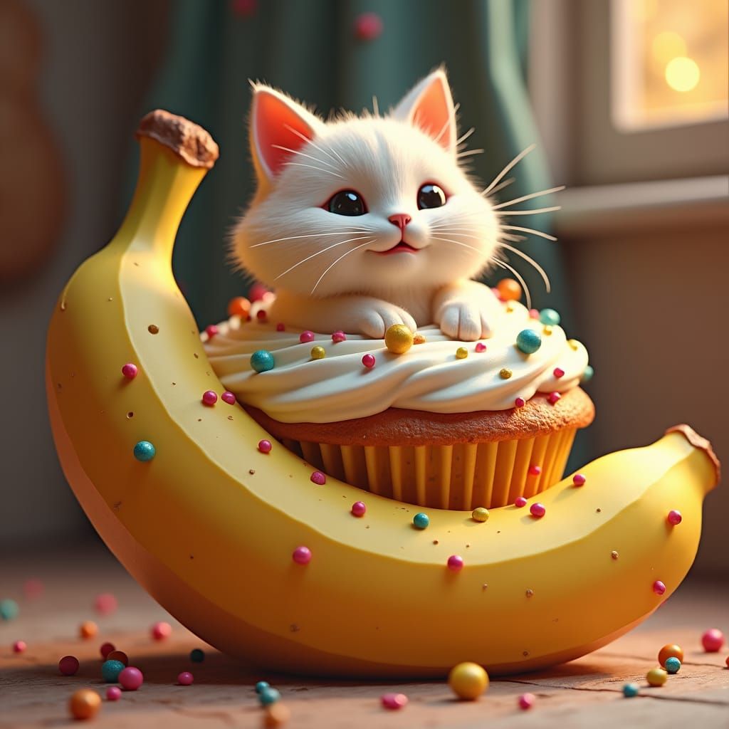 Cat in Banana Cupcake Dreamscape, Digital Matte Painting