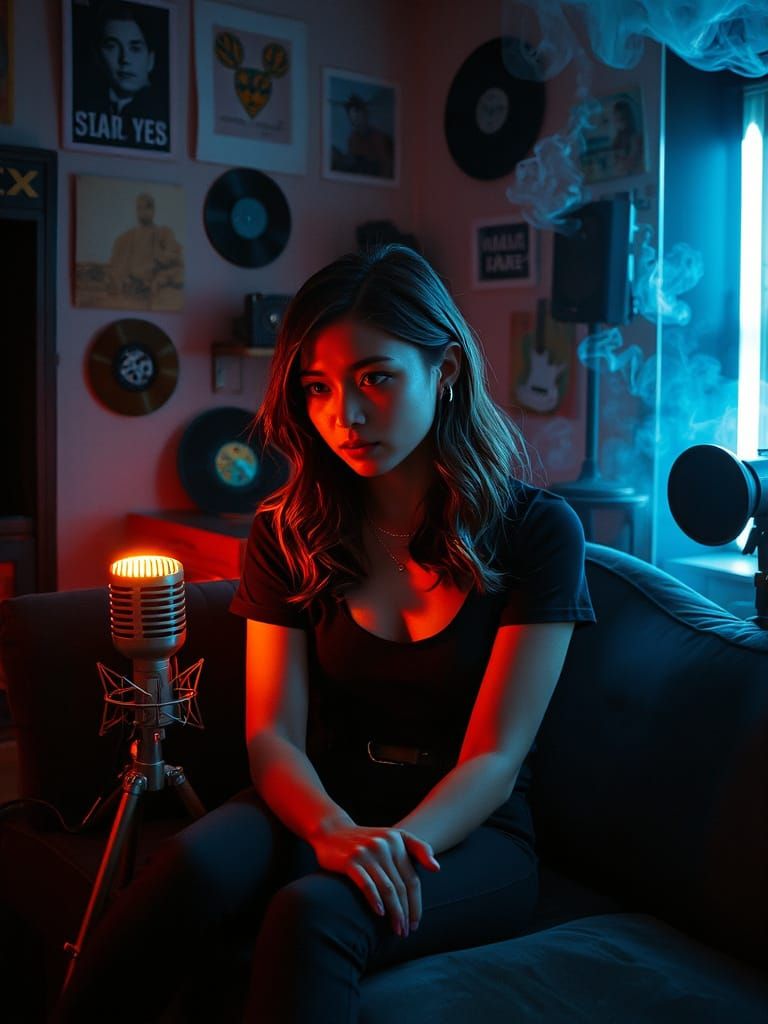 Mysterious Woman Lost in Thought in a Smoky, Neon-Lit Lair