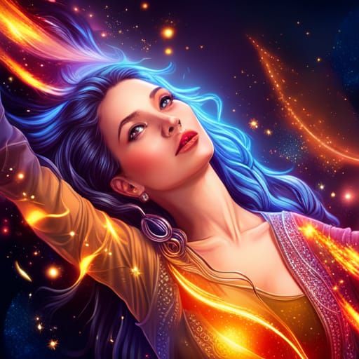 Radiant Woman in Sparkling Galaxy, Art Nouveau Style