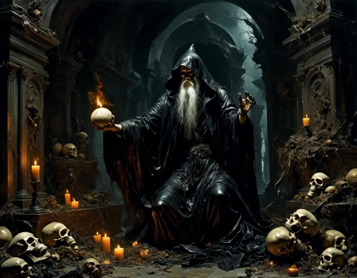 a wizard necromancer in a tomb