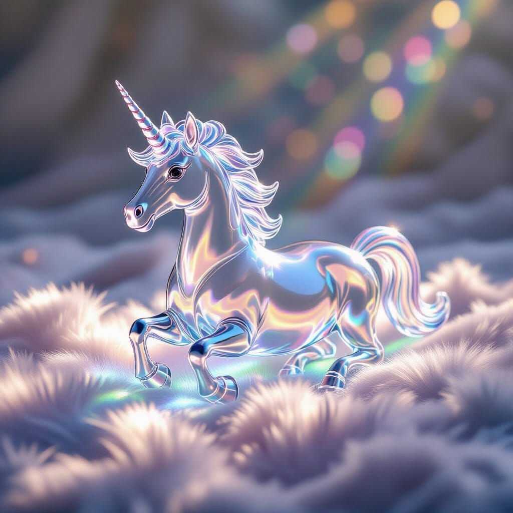Hyperrealistic Glass Unicorn on Rainbow Fur