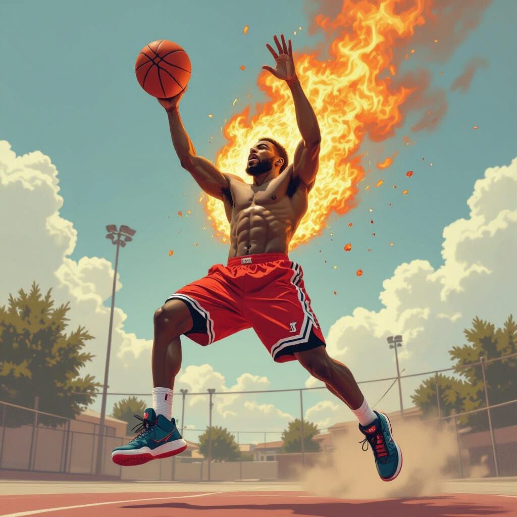 Basketball Player Dunking With Pants on Fire