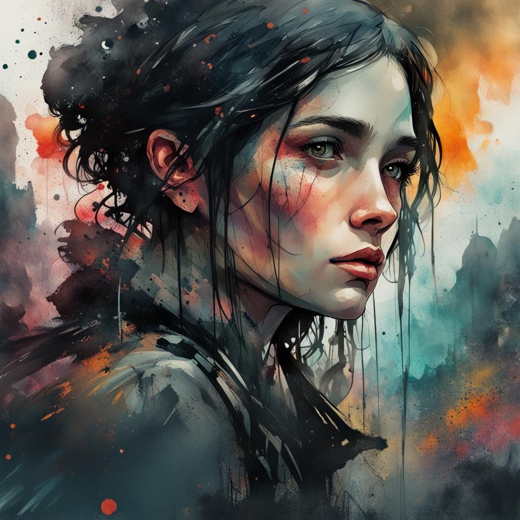 Compassionate Portrait in Watercolor Style, Apocalyptic Back...