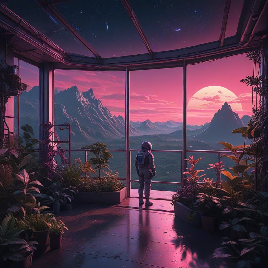 Futuristic Space Station Greenhouse with Planetary View