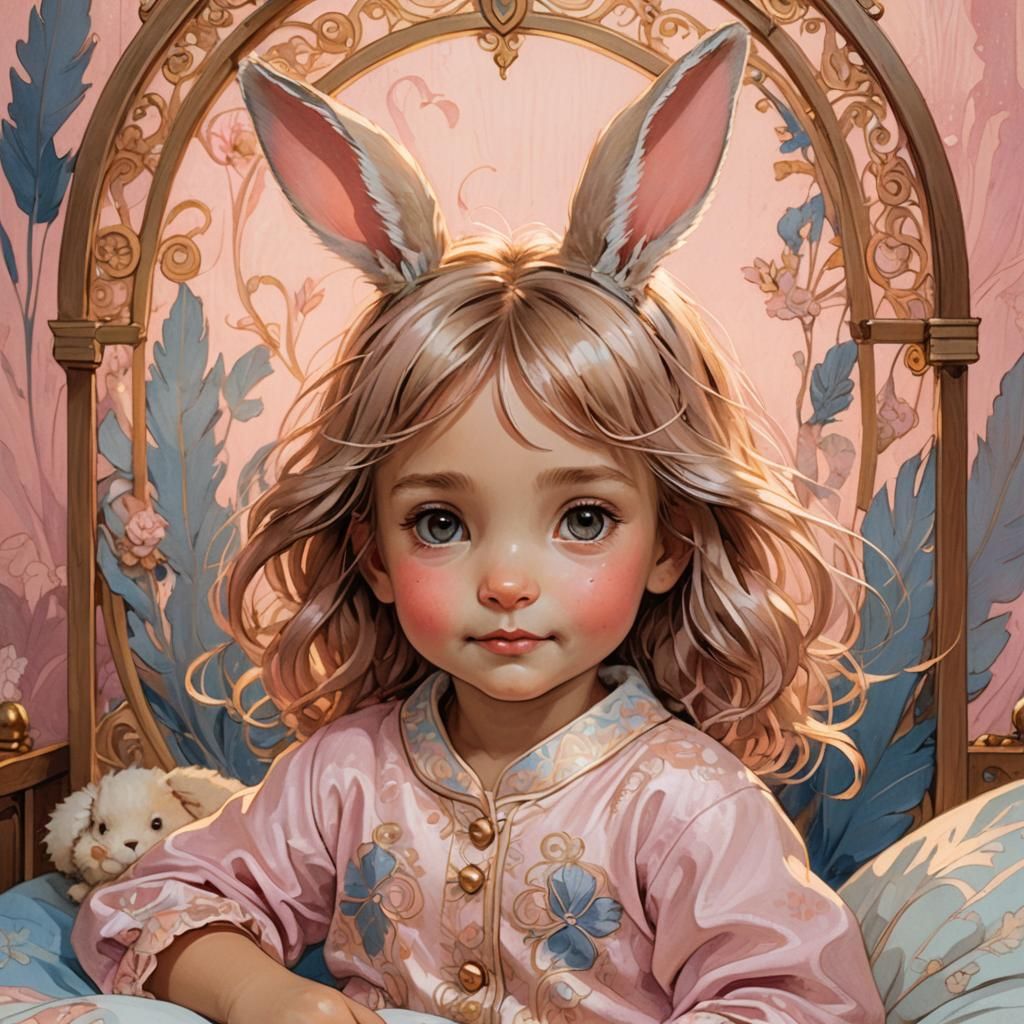 Cute Bunny Girl Portrait in Art Nouveau Style