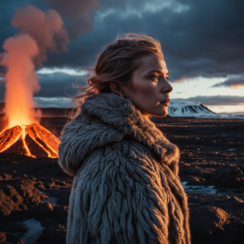 Icelandic Woman Stares at Lava in Cinematic Hyperrealism