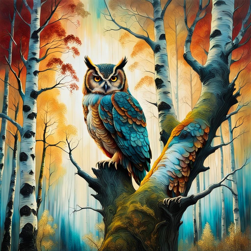 Majestic Birch Forest with Owl in Klimt Style