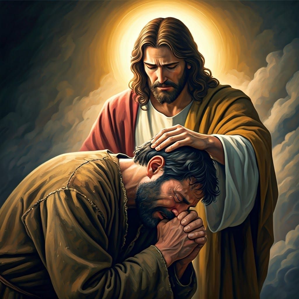 Distraught Man Finds Solace in Jesus's Divine Light