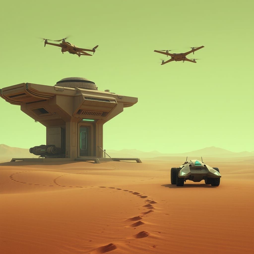Futuristic Khaki Desert Outpost with Drones in Concept Art S...
