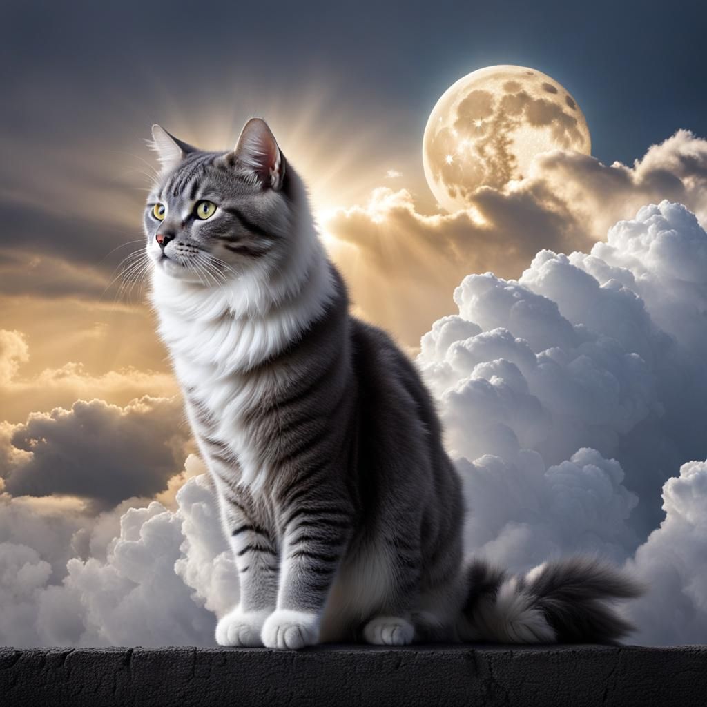 Gray Cat Walking on Clouds