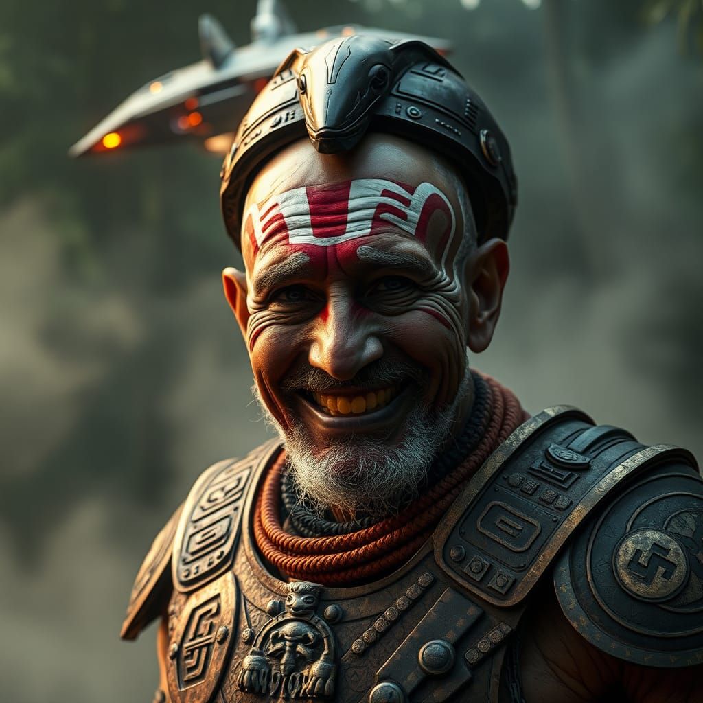 Aztec Elder in Cyberpunk Sci-Fi Spaceship Ambiance