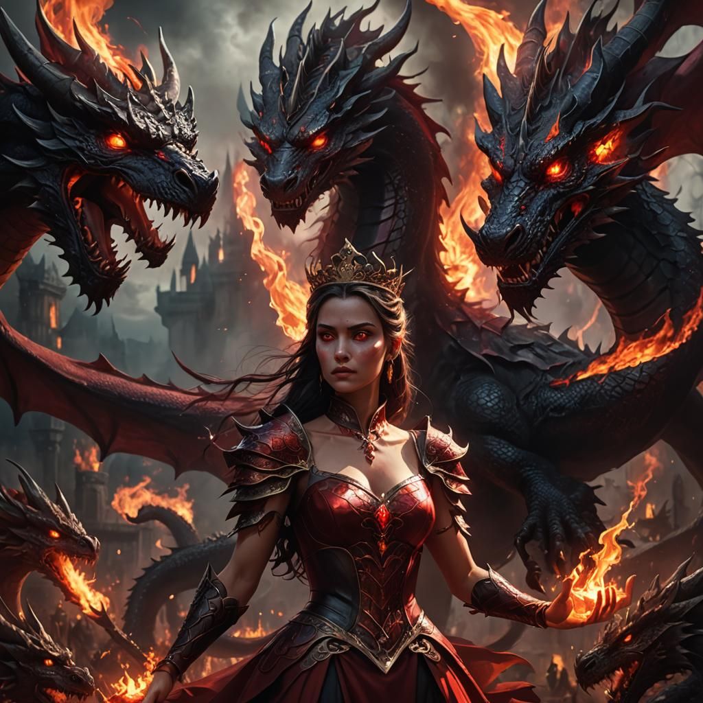 Evil Princess with Dragon Servants in Dark Fantasy Art