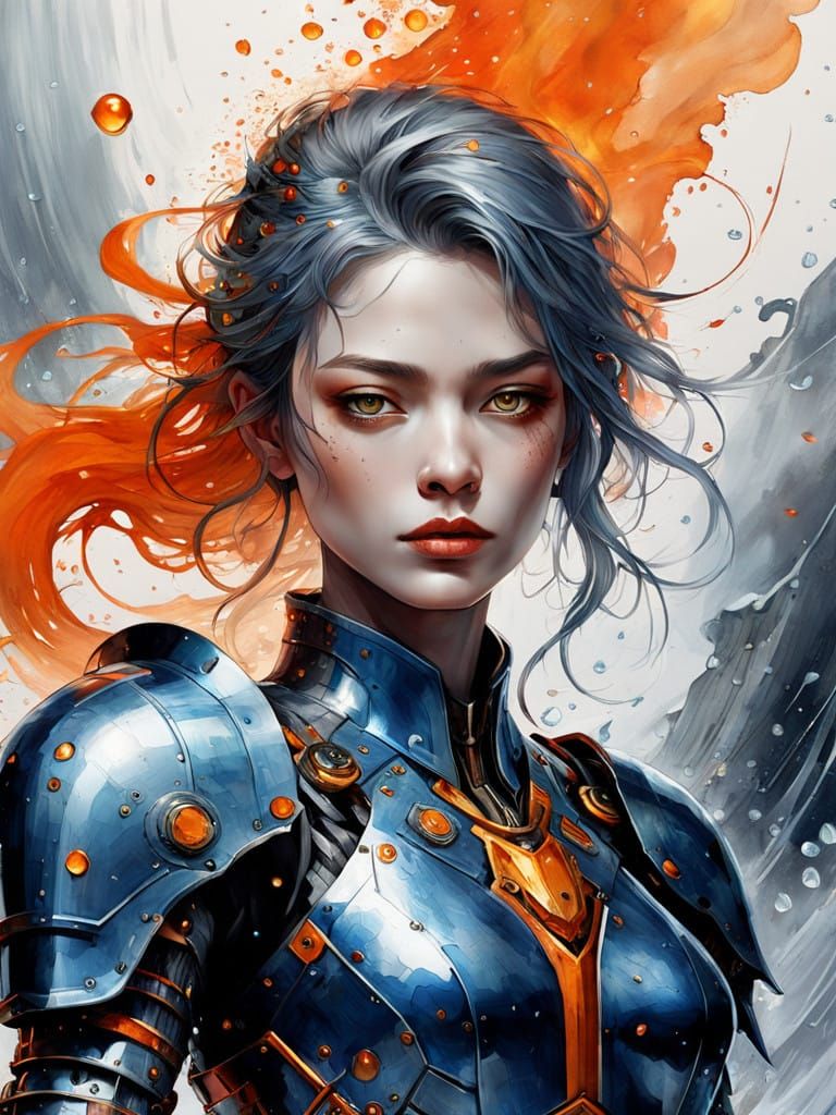 Biomechanical Warrior in Turbulent Stormy Battlefield