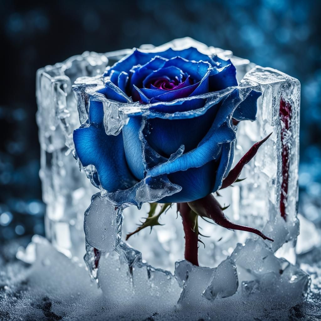Blue Rose Breaks Through Ice, Hyperrealistic Photo