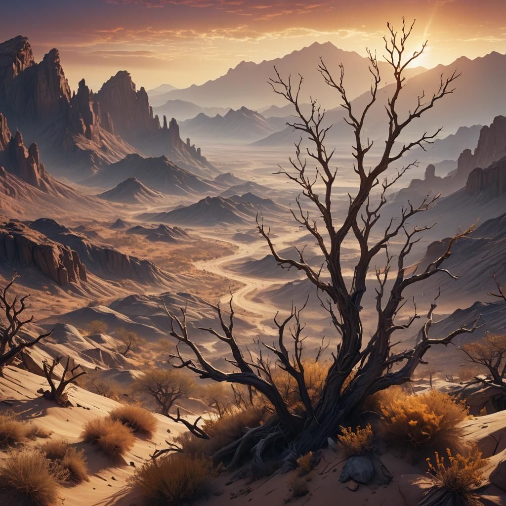 Mountainous Desert Landscape in Vibrant Gouache Style
