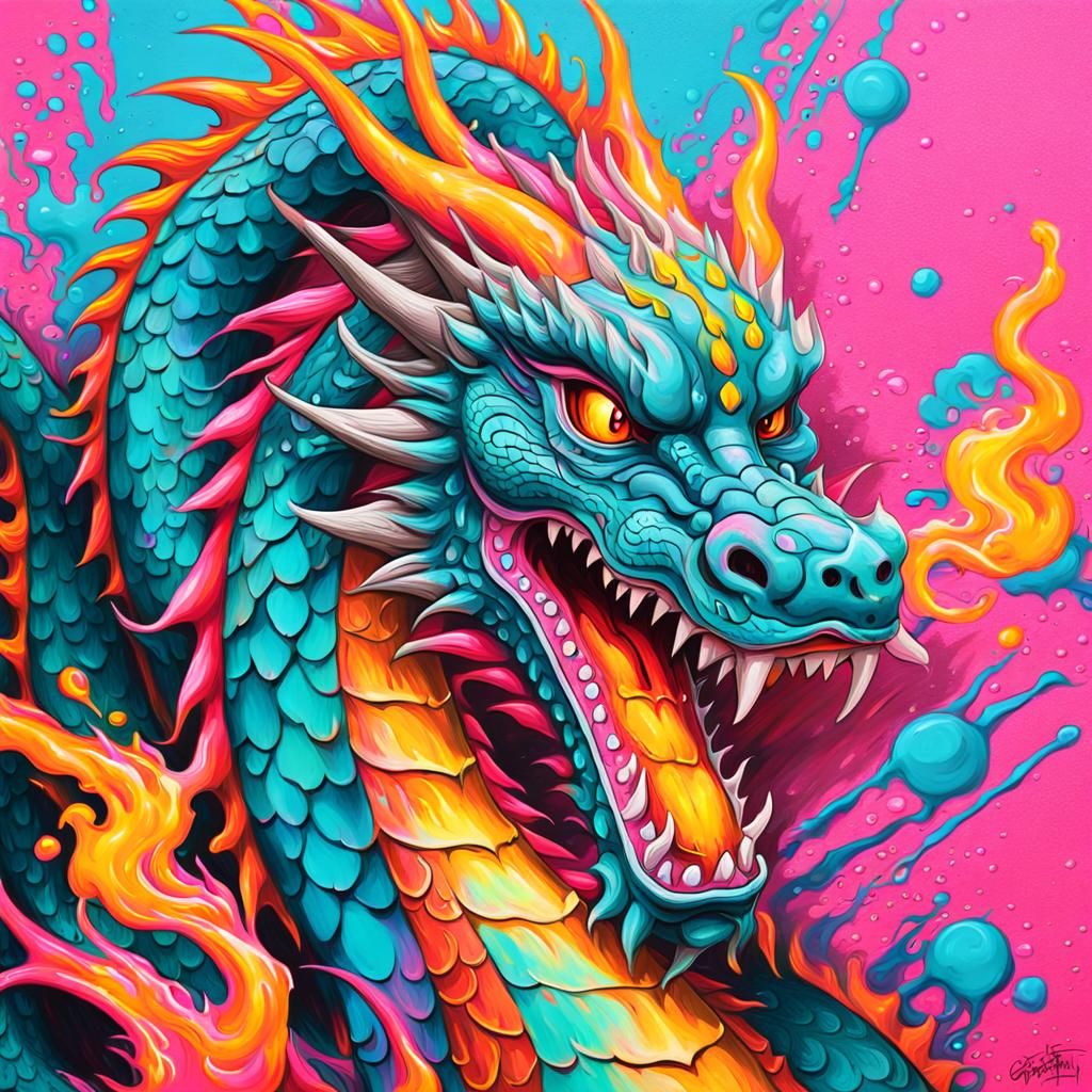 Graffiti Chinese Dragon with Fire and Flames
