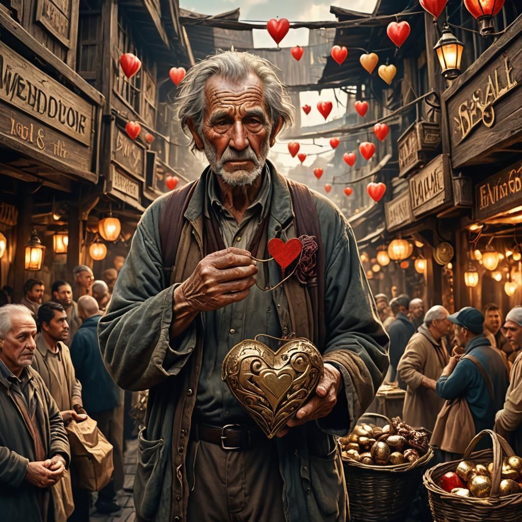 Old Man Selling Used Heart in Marketplace