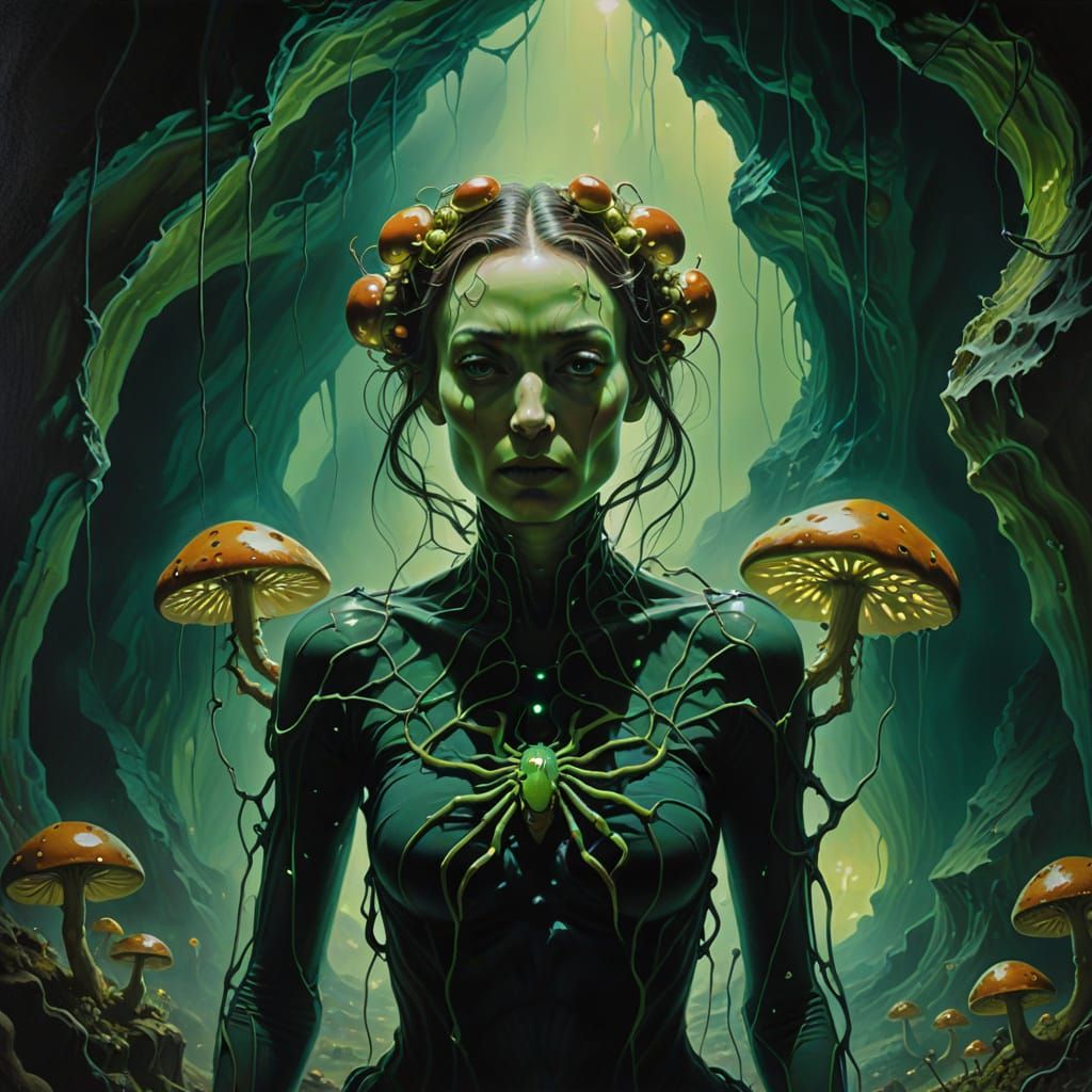 Surreal Spider Goddess in a Cave of Eerie Green Light