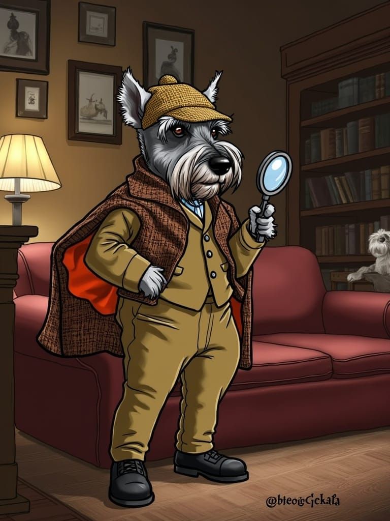 Strudel as Sherlock Holmes cartoon style
