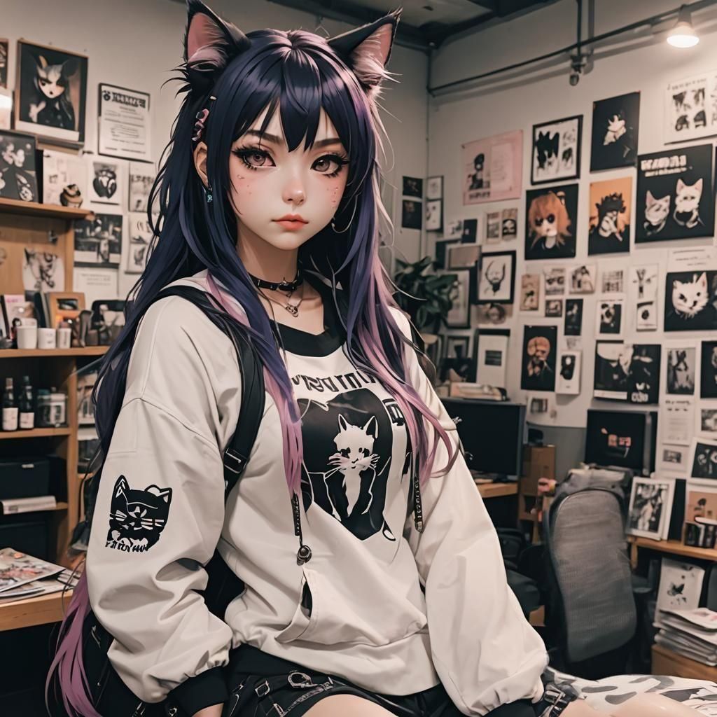 Punk Aesthetic Cat Girl Waifu Illustration