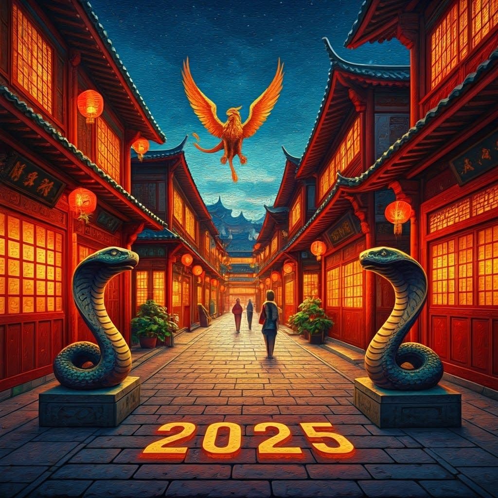 Traditional Chinese Street at Night in Impressionist Style