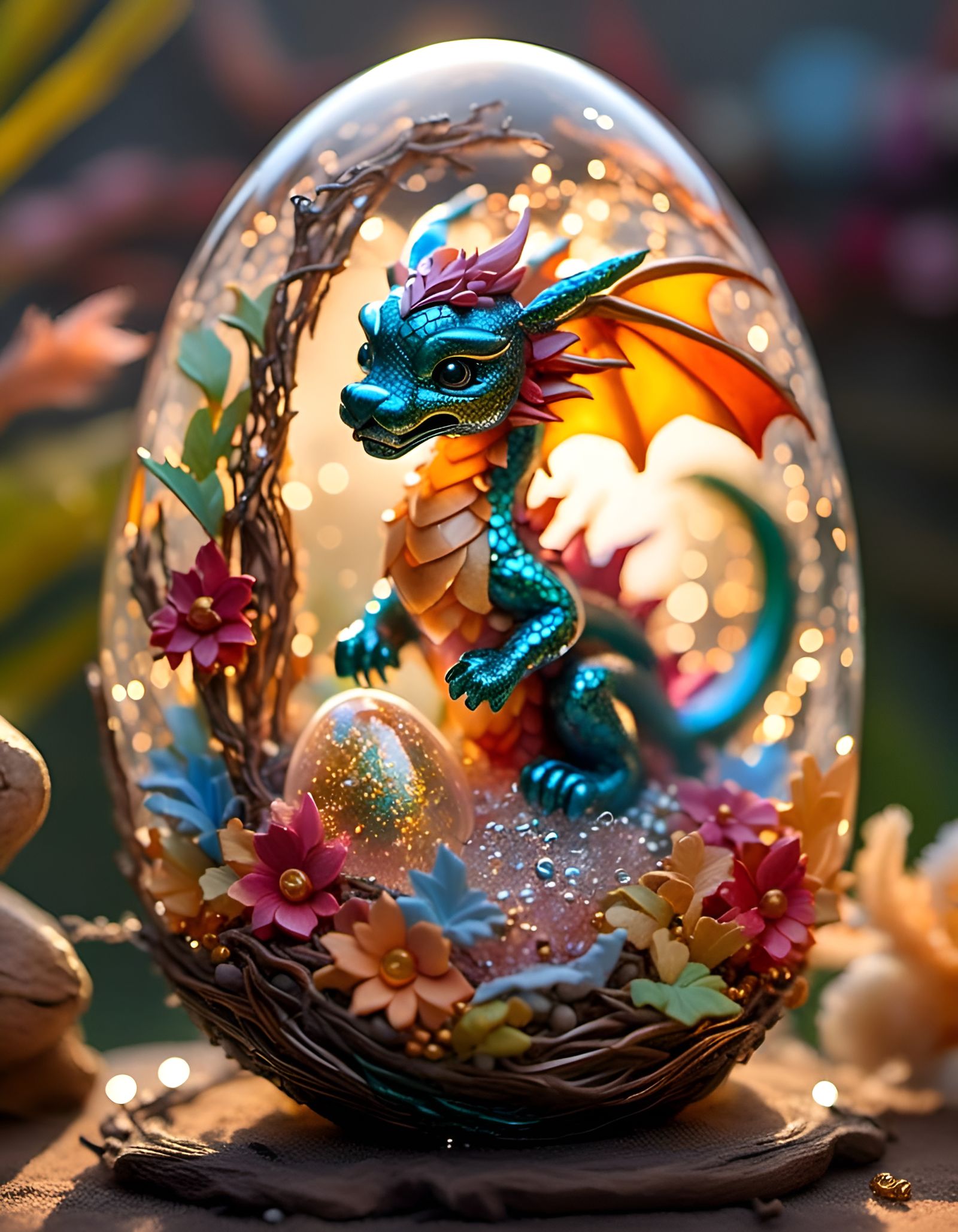 Chibi Dragon Hatchling in Glass Egg on Beach