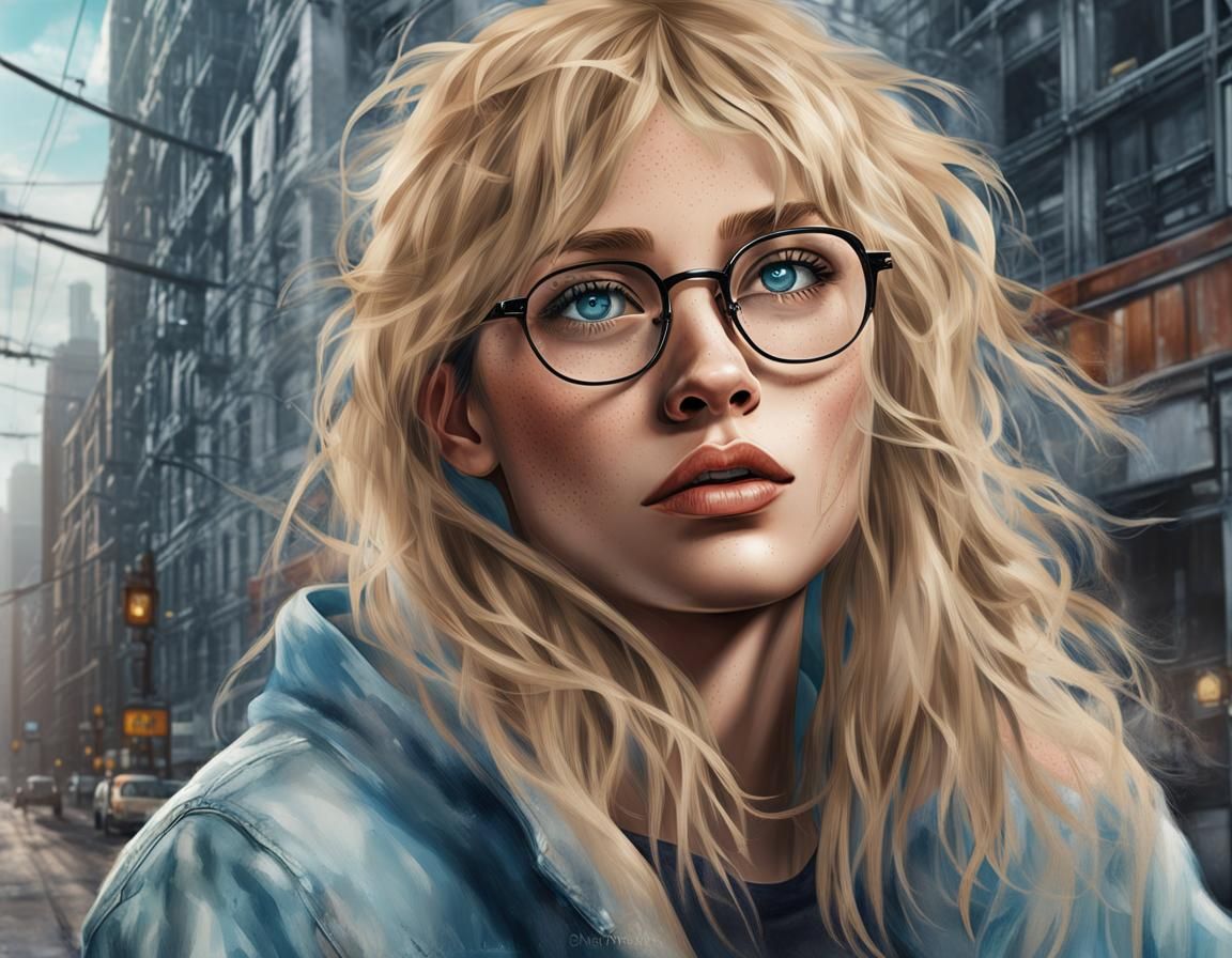 Hyperrealistic Portrait of Freckled Woman in City Loft