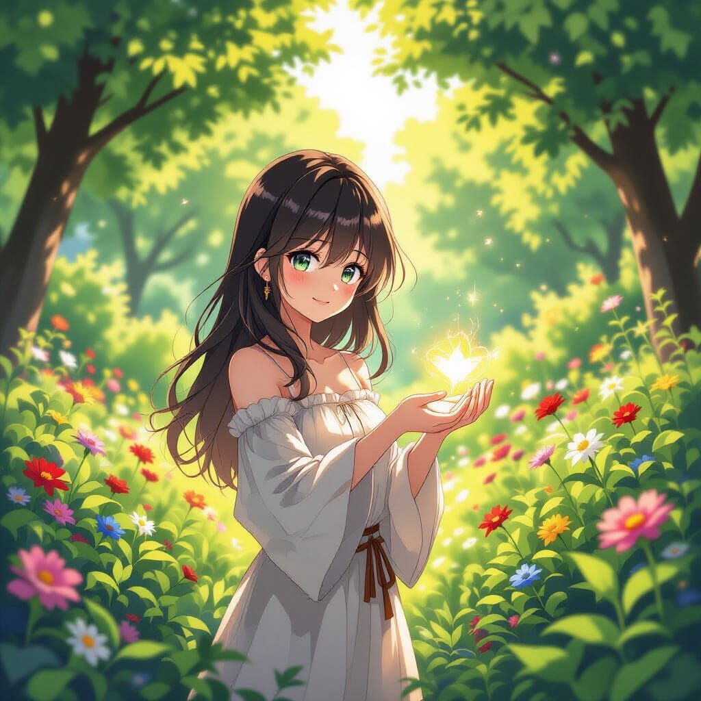 Nahida in Lush Garden with Glowing Seed