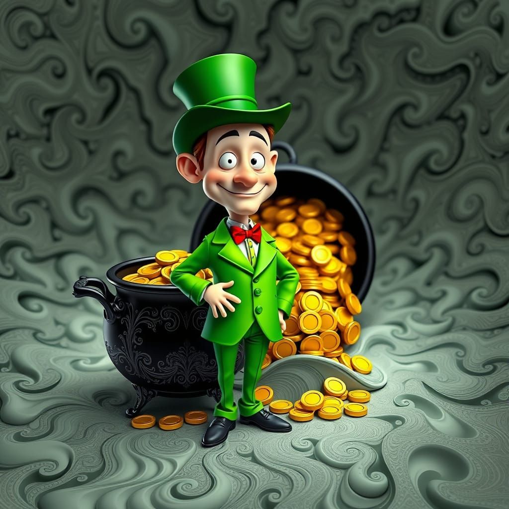 Miniature Gentleman in Vibrant Green Suit, Surrounded by Gol...