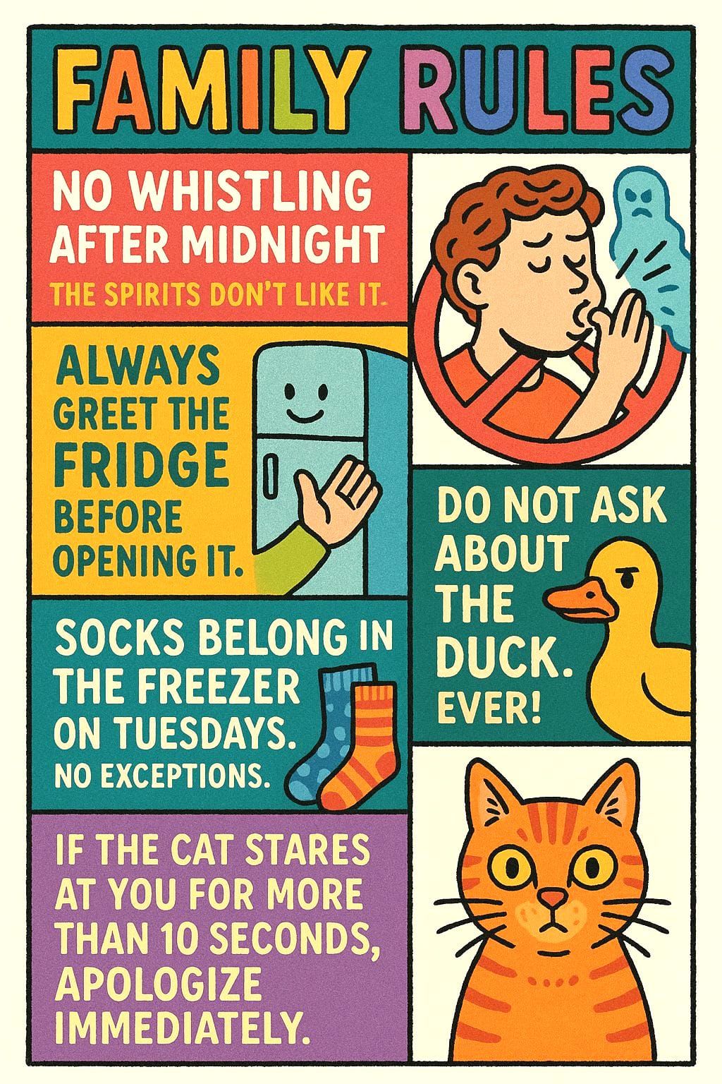 Quirky Family Home Rules Illustrated Poster