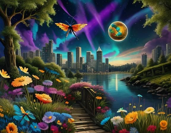 Surreal Cityscape at Nightfall Under Vanilla-Coloured Moon